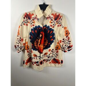 Casual Tunic‎ Top Turkey Floral Print Mock Neck 3/4 Puff Sleeve Women's Size S